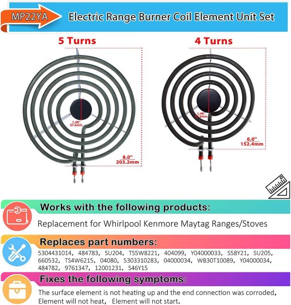 ⁦Ansoon MP22YA Electric Range Burner Coil Element Unit Set (2 pcs MP15YA 6" and 2 pcs MP21YA 8") with 4 Pack 330031 Surface Element Receptacle Kit Replacement Compatible for Whirlpool Ranges/Stoves⁩ - الصورة ⁦2⁩