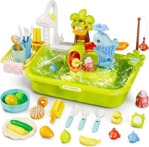 LinJie Kitchen Sink Toys,3 In 1 Play Sink With Running Water, Play Kitchen Sink Toy With Electric Faucet/Play Food/Pool Toys/Fishing Game,Kids Kitchen Sink Toys For 3-12 Year Old Boys Girls.(Green)