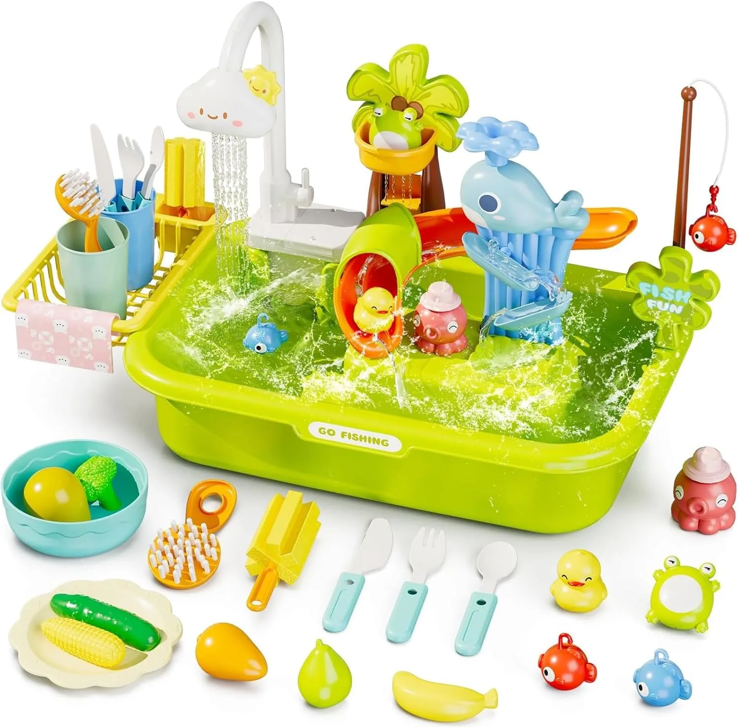 LinJie Kitchen Sink Toys,3 In 1 Play Sink With Running Water, Play Kitchen Sink Toy With Electric Faucet/Play Food/Pool Toys/Fishing Game,Kids Kitchen Sink Toys For 3-12 Year Old Boys Girls.(Green)