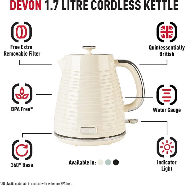 ⁦Haden Devon Cream Electric Kettle - 1.7L Capacity, BPA-Free, Auto-Shutoff & Boil-Dry Protection - 3000W Fast Boil, Ergonomic Design⁩ - الصورة ⁦5⁩