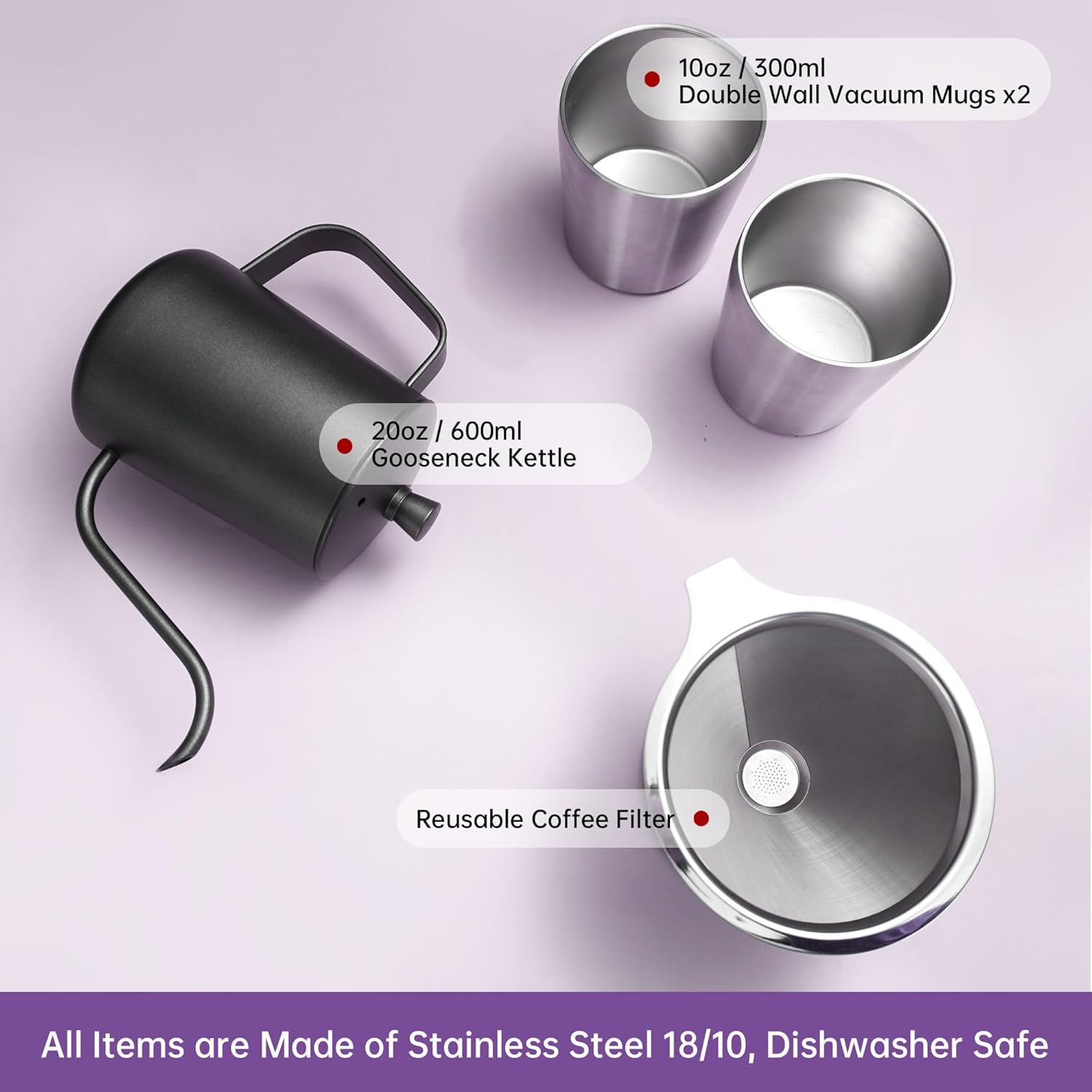 طقم فاخر أدوات v60 عدد 4 قطع غلاية ستيل معكوفة, فلتر دائم ستيل 304, كوبين ستيل عازلة للحراره 4 طقم فاخر أدوات v60 عدد 4 قطع غلاية ستيل معكوفة, فلتر دائم ستيل 304, كوبين ستيل عازلة للحراره - الصورة 4