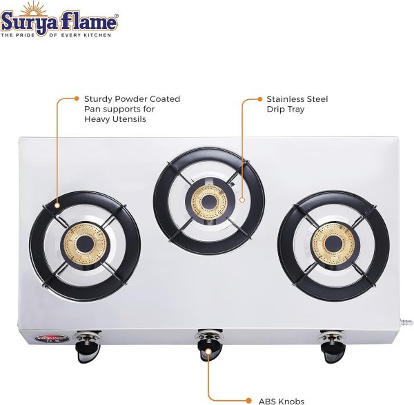 ⁦Surya Flame LPG Gas Stove 3 Burner Stainless steel Triplecook Cooktop With BIS Certified Doorstep Warranty 2 Years (Silver)⁩ - الصورة ⁦3⁩
