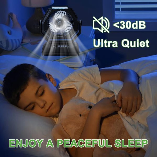⁦KASTWAVE Portable Fan Rechargeable, 6000mAh Battery Operated Fan with LED Lantern, 270°Head Rotation, 3 Speed USB Camping Fan with Hanging Hook for Travel Tent Fishing Car RV⁩ - الصورة ⁦2⁩