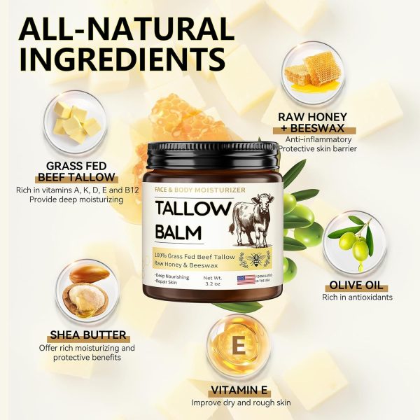 ⁦Veakoo Beef Tallow for Skin, Organic Whipped Tallow and Honey Balm, Grass Fed Beef Tallow Face Moisturizer, Natural Tallow Skin Care Cream Body Butter, Nourish and Soothe Dry Skin⁩ - الصورة ⁦2⁩