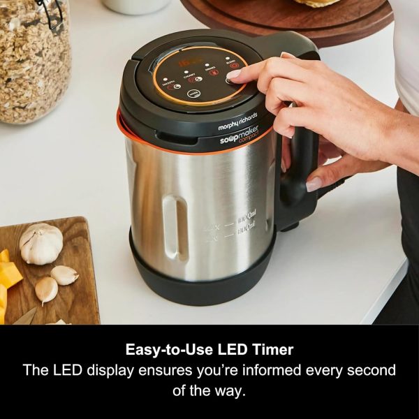 ⁦Morphy Richards Compact Soup Maker, Blend & Cook Smooth & Chunky Soup, Smoothies, Black & Stainless Steel, 1 Litre, 900 W, 501021⁩ - الصورة ⁦3⁩