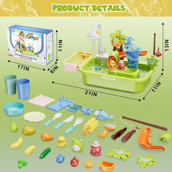⁦LinJie Kitchen Sink Toys,3 In 1 Play Sink With Running Water, Play Kitchen Sink Toy With Electric Faucet/Play Food/Pool Toys/Fishing Game,Kids Kitchen Sink Toys For 3-12 Year Old Boys Girls.(Green)⁩ - الصورة ⁦7⁩