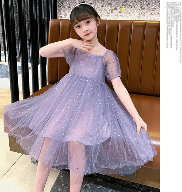 ⁦Girls' casual dress, children's purple chiffon party clothing, square collar with a bow at the back, bubble short sleeves, suitable for 5-14 years old⁩ - الصورة ⁦8⁩