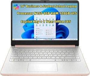 New Business & Student School Laptop 14 inch HD 4-core N150 Processor 4GB RAM 128GB UFS Copilot Webcam USB-C HDMI Wi-Fi 6 up to 11 Hrs Battery Life +1 Year Office 365 Win 11 H in S Mode Pale Rose Gold