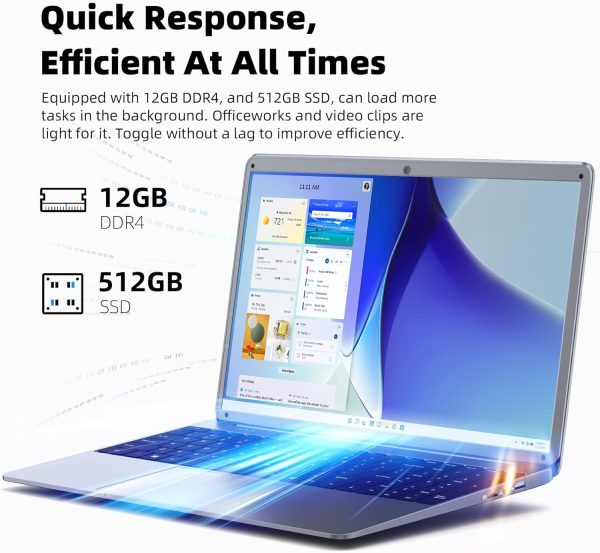 ⁦SGIN 15.6 Inch Laptop Computer, Celeron N5095A Processor, Windows 11 Laptop, DDR4 12GB SSD 512GB, 1920x1080 FHD, 7000mAh, USB 3.2, BT5.0, Type-C, Traditional Laptops for Business Student⁩ - الصورة ⁦2⁩