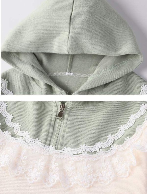 ⁦Girls 2 Pieces Sweatshirts,Lace Splicing Cotton Clothing Athletic Set,Long Sleeve Hooded Top and Ength Pants.(7-8 Years/Gray Green)⁩ - الصورة ⁦4⁩