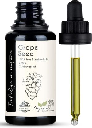 Aroma Tierra Organic Grape Seed Oil Grapeseed (France) - 100% Pure Cold Pressed Natural Unrefined Virgin Hexane Free - For Face, Body, Hair - Glow, Acne, Anti-aging - Dry, Normal & Oily Skin - 30ml