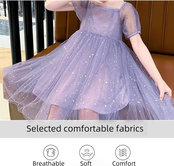 ⁦Girls' casual dress, children's purple chiffon party clothing, square collar with a bow at the back, bubble short sleeves, suitable for 5-14 years old⁩ - الصورة ⁦3⁩