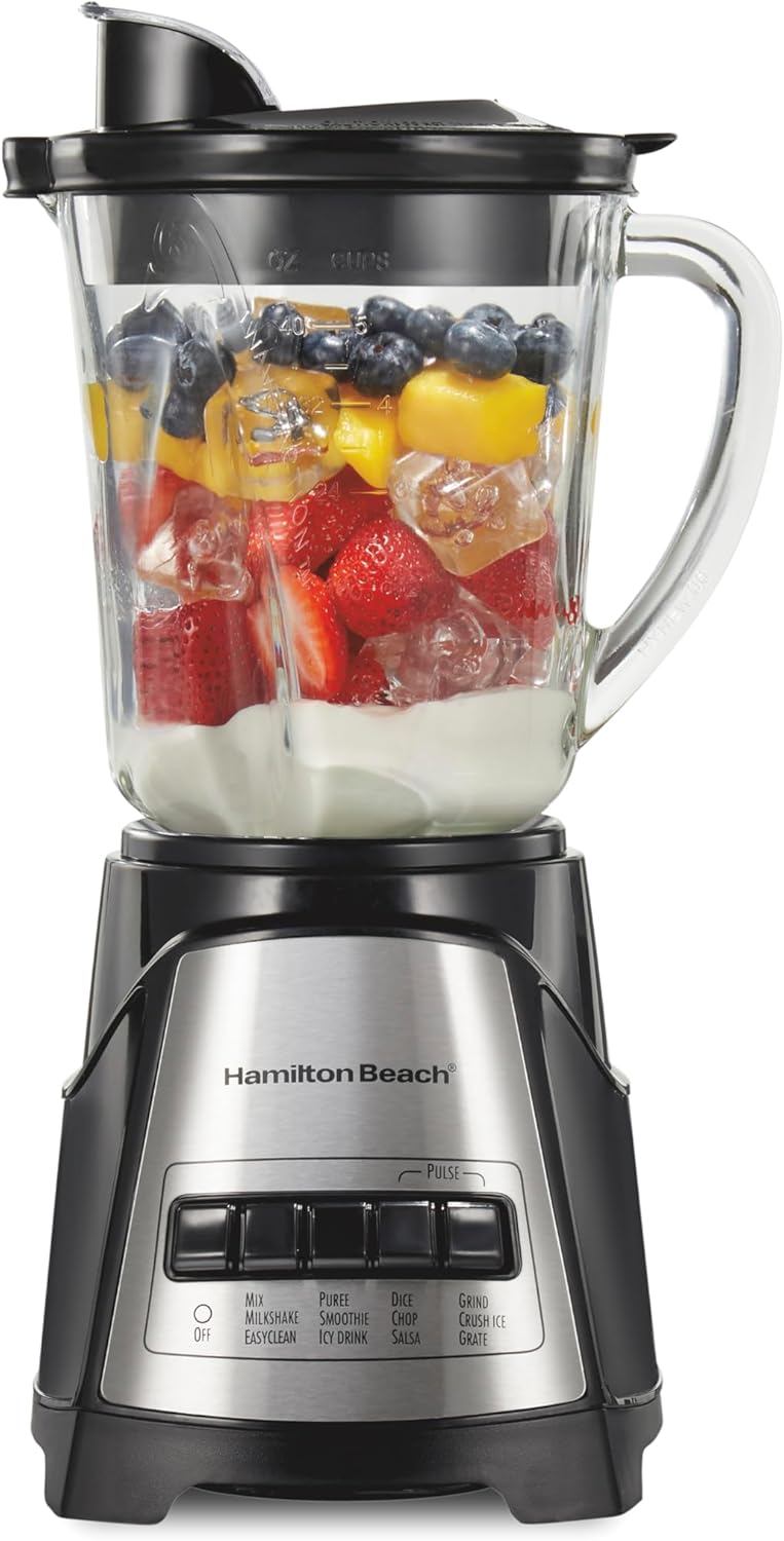 Hamilton Beach Power Elite Blender with 12 Functions for Puree, Ice Crush, Shakes and Smoothies and 40 Oz BPA Free Glass Jar, Black and Stainless Steel (58148A) 1 Hamilton Beach Power Elite Blender with 12 Functions for Puree, Ice Crush, Shakes and Smoothies and 40 Oz BPA Free Glass Jar, Black and Stainless Steel (58148A)