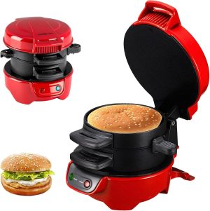 Electric 600W hamburger sandwich maker Toaster Round barbecue burger maker with egg cooking ring for breakfast-RED
