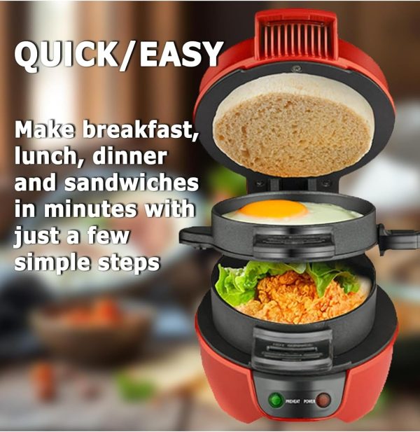 ⁦Electric 600W hamburger sandwich maker Toaster Round barbecue burger maker with egg cooking ring for breakfast-RED⁩ - الصورة ⁦5⁩
