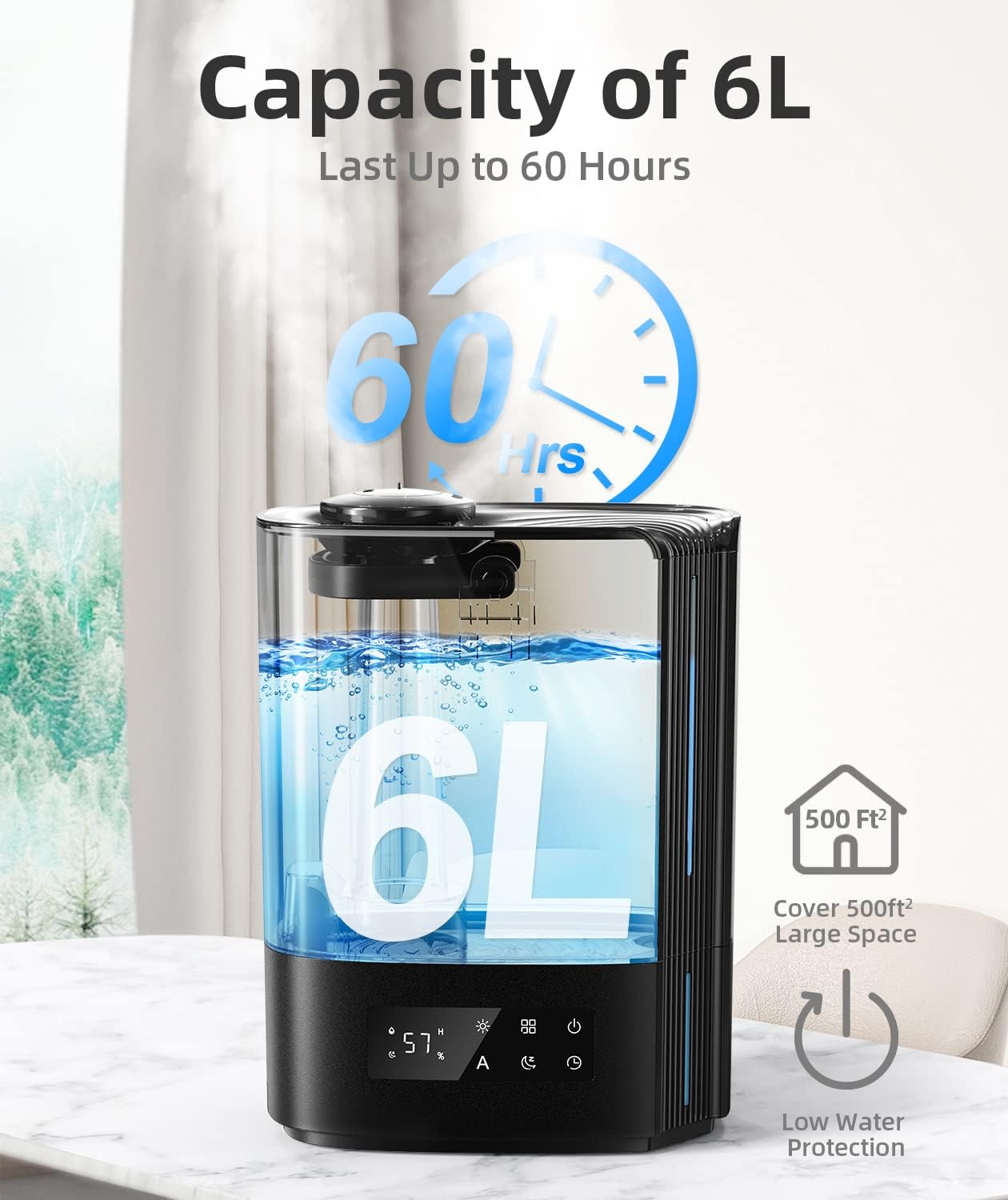 BREEZOME 6L Humidifiers for Bedroom Large Room & Essential Oil Diffuser, Ultrasonic Top Fill Cool Mist Humidifiers for Baby, Plants, Nursery Last up to 60 Hours, Smart Humidistat Control, Quiet, Black 2 BREEZOME 6L Humidifiers for Bedroom Large Room & Essential Oil Diffuser, Ultrasonic Top Fill Cool Mist Humidifiers for Baby, Plants, Nursery Last up to 60 Hours, Smart Humidistat Control, Quiet, Black - الصورة 2