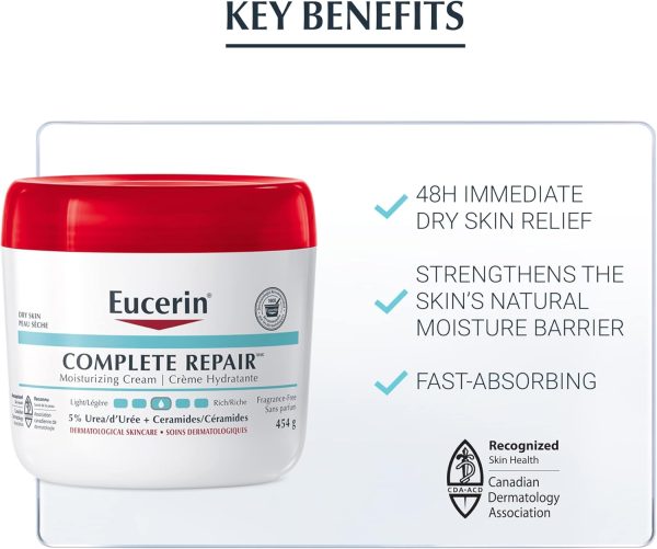 ⁦EUCERIN Complete Repair Moisturizing Cream, Face and Body Cream for Dry Skin, 5% Urea Cream, Ceramide Cream, Dry Skin Cream Body Moisturizer, Fragrance Free, Non-Greasy, Dermatological Skin Care, 454g⁩ - الصورة ⁦4⁩