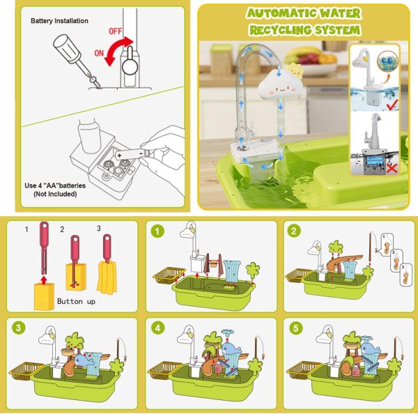 ⁦LinJie Kitchen Sink Toys,3 In 1 Play Sink With Running Water, Play Kitchen Sink Toy With Electric Faucet/Play Food/Pool Toys/Fishing Game,Kids Kitchen Sink Toys For 3-12 Year Old Boys Girls.(Green)⁩ - الصورة ⁦8⁩