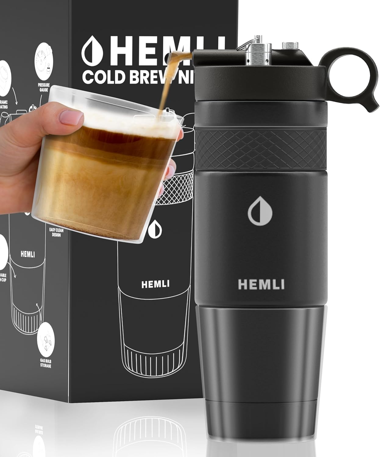 Hemli Nitro Cold Brew Coffee Maker 12 oz Ceramic-Lined, Tritan Cup, Pressure Gauge, Stores 3 Nitrogen Gas Bulbs Custom Designed for Cold Brew and Nitro Drinks 1 Hemli Nitro Cold Brew Coffee Maker 12 oz Ceramic-Lined, Tritan Cup, Pressure Gauge, Stores 3 Nitrogen Gas Bulbs Custom Designed for Cold Brew and Nitro Drinks