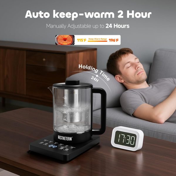 ⁦Aesthetern Electric Kettle with Infuser, Temperature Control and Auto Shut Down, Keeps Warm 24 Hours for Coffee, Water Heater, Black Glass Pot 1.5L⁩ - الصورة ⁦4⁩