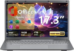 Soulgenix 17 17.3 Inch HD+ Display Laptop Computer, 11 Pro OS with MS Office Inlcuded, 16GB LPDDR4 RAM, 1TB SSD, 12th N100 Processor, Backlit Keyboard, Fingerprint, Type-C, USB 3.2 Ports, Gray