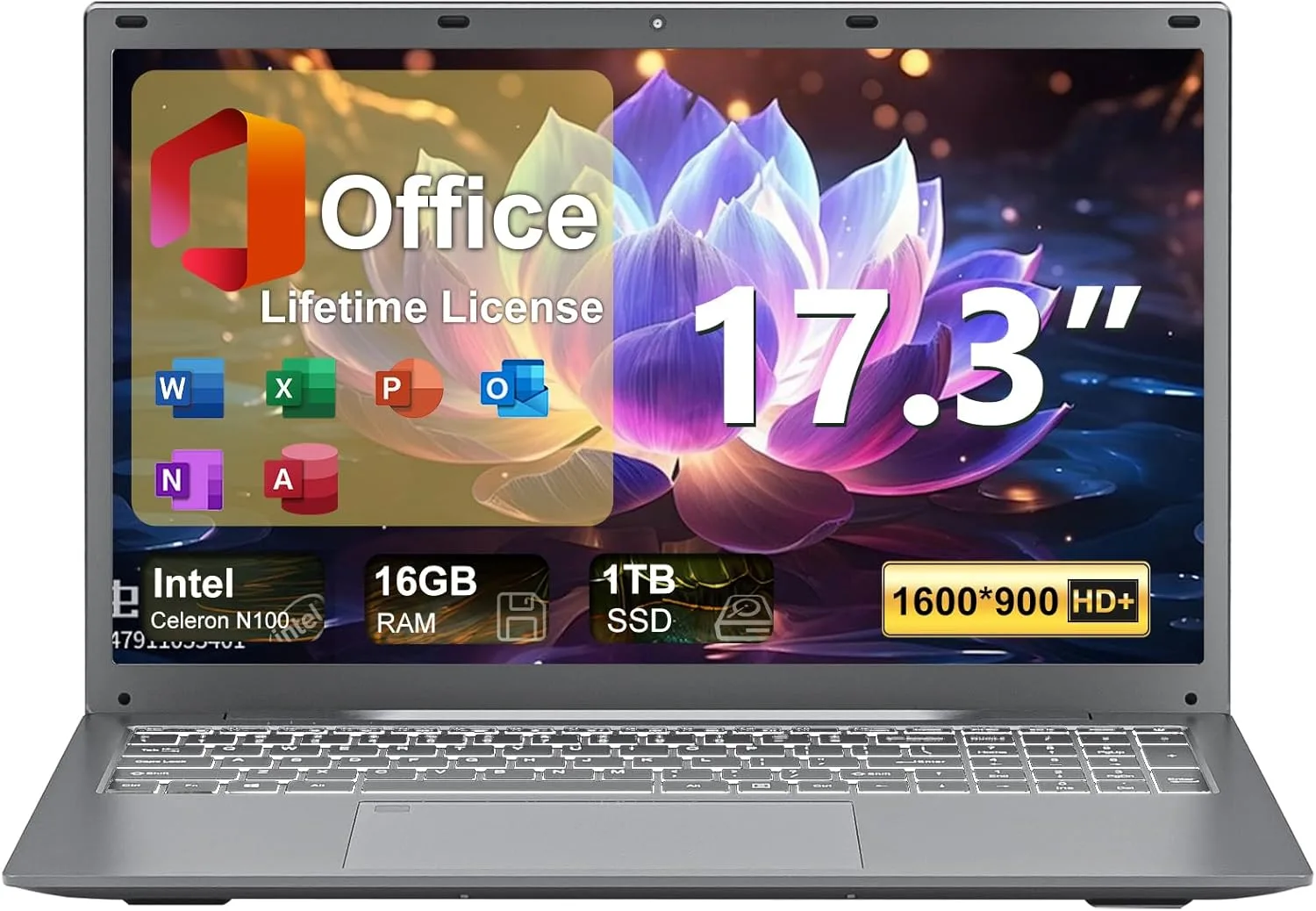 Soulgenix 17 17.3 Inch HD+ Display Laptop Computer, 11 Pro OS with MS Office Inlcuded, 16GB LPDDR4 RAM, 1TB SSD, 12th N100 Processor, Backlit Keyboard, Fingerprint, Type-C, USB 3.2 Ports, Gray