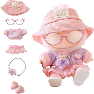 Casual Clothes Set For Labubu, Pink Ribbed Hat, Light Purple Knitted Sweater, Pink Ruffled Skirt, Mini Purple Camera & Pink Shoes, Cute Dress Up Accessories for Labubus 1/2/3 Generation Blind Box