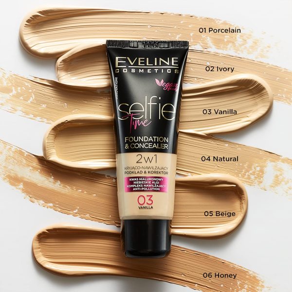 ⁦Eveline Cosmetics Selfie Time Moisturising Foundation & Concealer No. 01 Porcelain - Buildable Coverage, Hyaluronic Acid & Vitamin E, Anti-Pollution Formula, 30 ml⁩ - الصورة ⁦5⁩