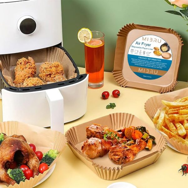 ⁦MIBRU Air Fryer Disposable Paper Liners 20x20cm, Non-Stick Air Fryer Liners, Greaseproof and Water-proof, Perfect for Food Basket, Cooking, BBQ, Baking in Microwave, Toaster Oven, Brown 100pcs⁩ - الصورة ⁦3⁩