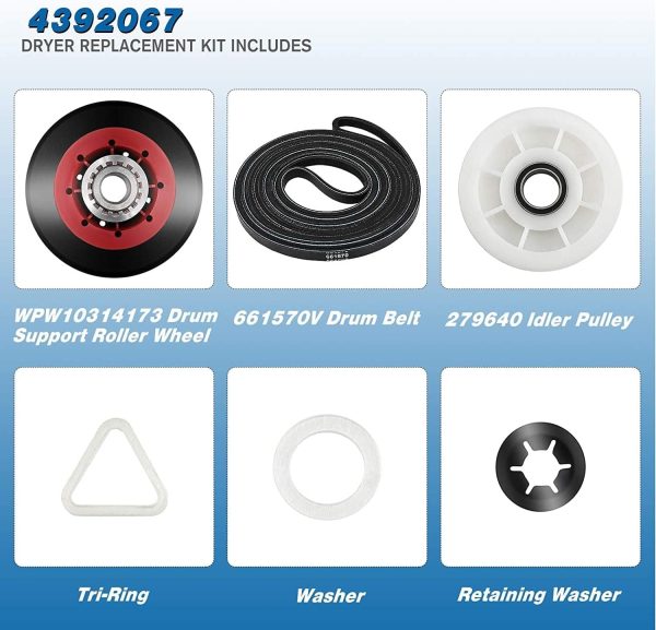 ⁦4392067 Dryer Repair Kit & W10837240 Dryer Idler Pulley,fit for Whirlpool Maytag Kenmore and More,with WPW10314173 Drum Roller, 661570V Dryer Belt and 279640 Idler Pulley - Dryer Replacement Parts⁩ - الصورة ⁦6⁩
