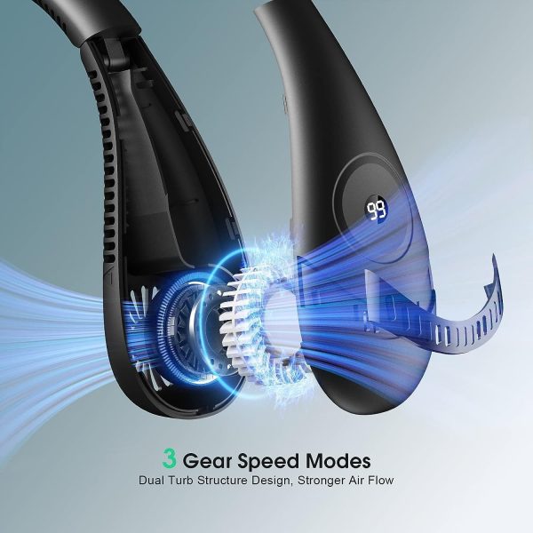 ⁦XICEN Neck Fan 5000mAh Foldable Portable Rechargeable LED Display 360° Cooling Airflow Bladeless With 3 Speeds Adjustment Personal Fan for Outdoor Travel Office Sport (Black)⁩ - الصورة ⁦3⁩