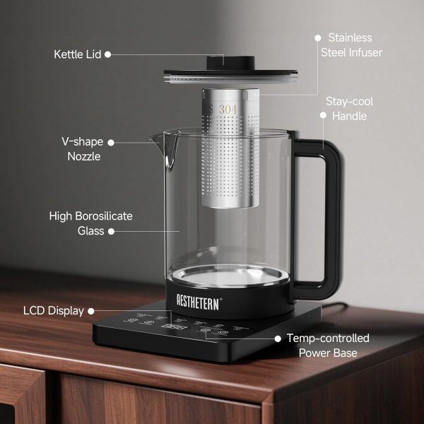 ⁦Aesthetern Electric Kettle with Infuser, Temperature Control and Auto Shut Down, Keeps Warm 24 Hours for Coffee, Water Heater, Black Glass Pot 1.5L⁩ - الصورة ⁦7⁩