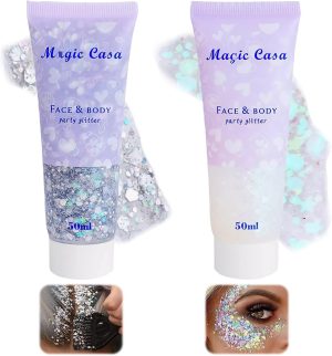 Aerbee Body Face Glitter Gel, 2 PCS Sparkling Body Glitter Gel Makeup for Face Nail Eye Lip Hair, Beautiful Shining Cosmetic Eyeshadow Glitter for Festival Party Art DIY