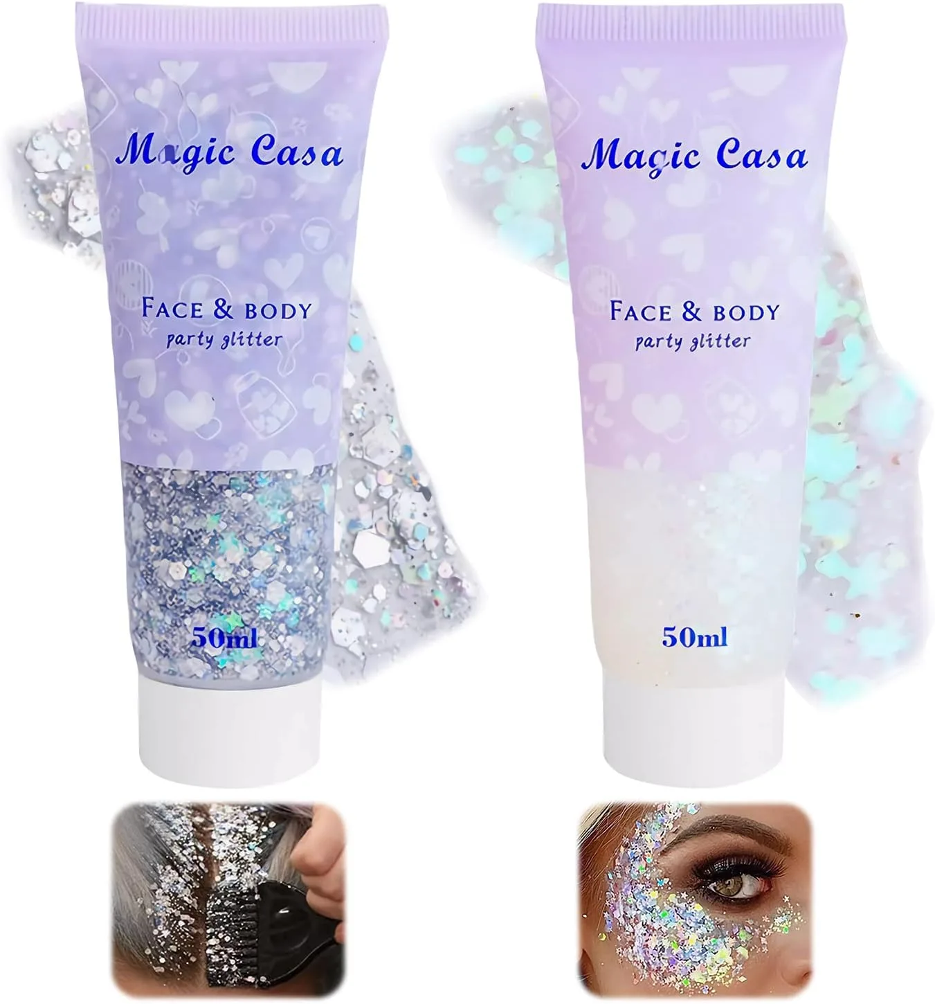 Aerbee Body Face Glitter Gel, 2 PCS Sparkling Body Glitter Gel Makeup for Face Nail Eye Lip Hair, Beautiful Shining Cosmetic Eyeshadow Glitter for Festival Party Art DIY