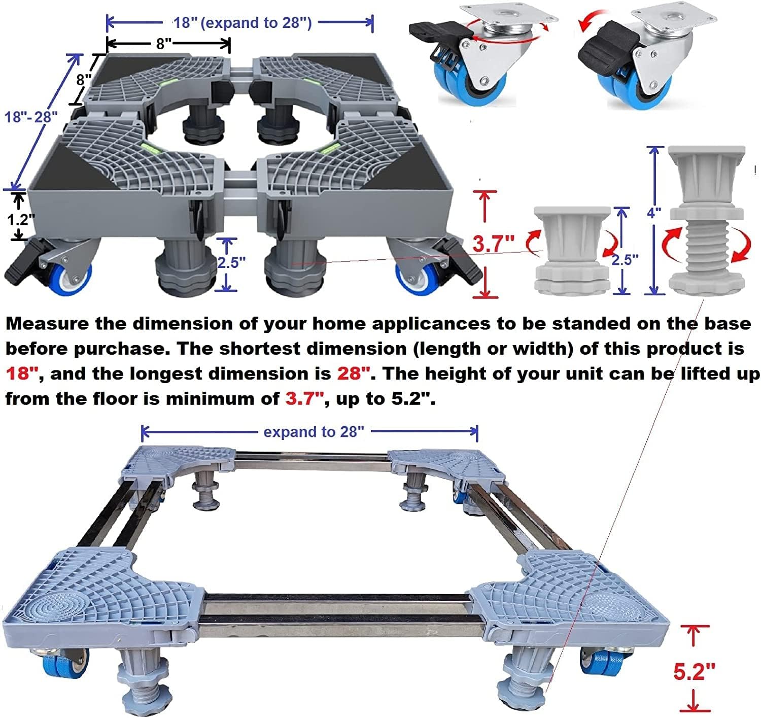 Arabest Mini Fridge Stand Mobile Base With 4 Locking Refrigerator Wheels And 8 Strong Feet For Washer Dryer Washing Machine Stand Pedestal, Refrigerator Stand, Adjustable Appliance Dolly Square 2 Arabest Mini Fridge Stand Mobile Base With 4 Locking Refrigerator Wheels And 8 Strong Feet For Washer Dryer Washing Machine Stand Pedestal, Refrigerator Stand, Adjustable Appliance Dolly Square - الصورة 2