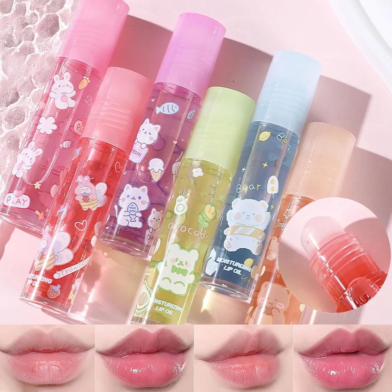 6Pcs Kawaii Lip Gloss, Lip Gloss Set, Roll On Lip Gloss Set, Fruit Flavored Lip Gloss Set Glossy Lip Make-up for Kids and Teens, Non Toxic, Kid Friendly, Party Gift, Best Friends