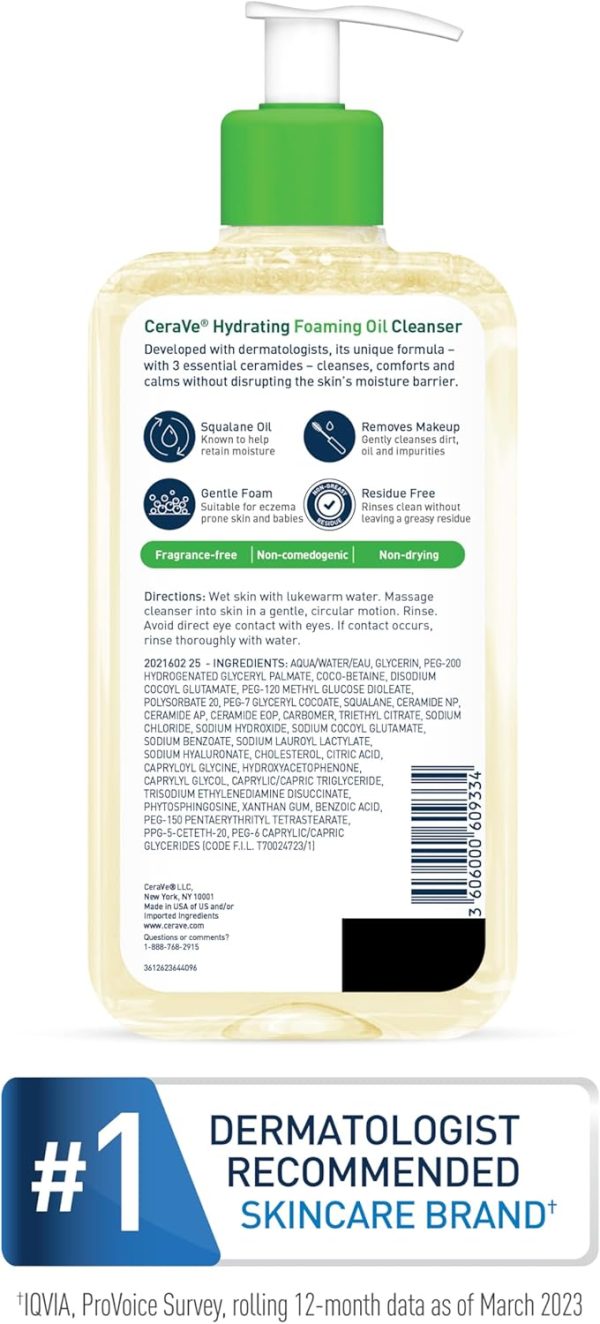⁦CeraVe Hydrating Foaming Oil Cleanser | Moisturizing Oil Cleanser for Face & Body | Squalane Oil + Hyaluronic Acid + Ceramides | For Dry to Very Dry Skin | Fragrance Free & Residue Free | 19 FL Oz⁩ - الصورة ⁦10⁩