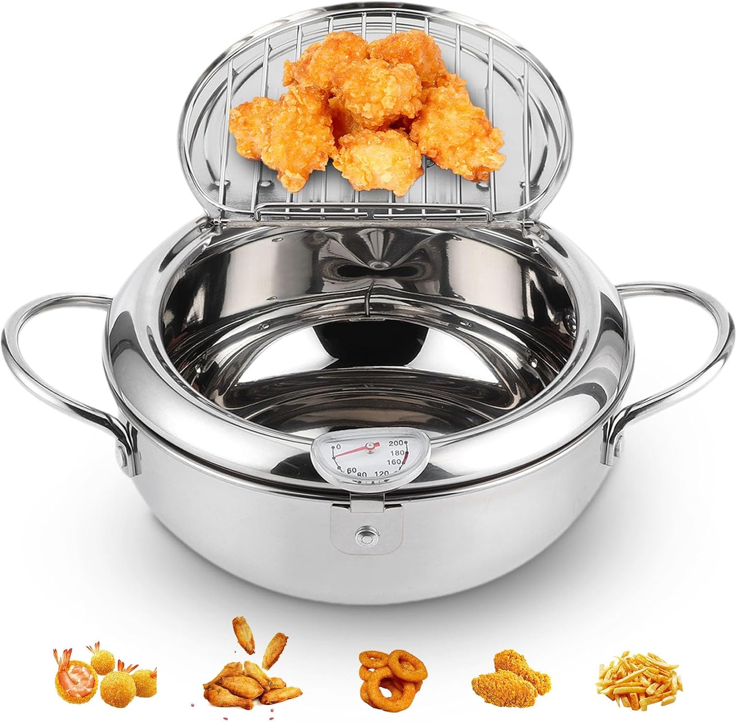 Gugxiom Japanese Deep Frying Pot, Tempura Frying Pot with Thermometer Induction Cooker Compatiblel 24Cm, 304 Stainless Steel Japanese Fry Pot for French Fries Shrimp Chicken and Shri 1 Gugxiom Japanese Deep Frying Pot, Tempura Frying Pot with Thermometer Induction Cooker Compatiblel 24Cm, 304 Stainless Steel Japanese Fry Pot for French Fries Shrimp Chicken and Shri
