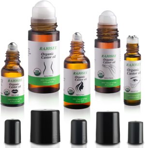 RAJOSEE 5 Pcs Castor Oil Roll on Set, Certified Organic Castor Oil Rolling for Skin Waist Back Leg, Castor Oil Set for Lip Eyebrow Hair, Pure Organic Cold Pressed Essential Oil in Glass Bottle