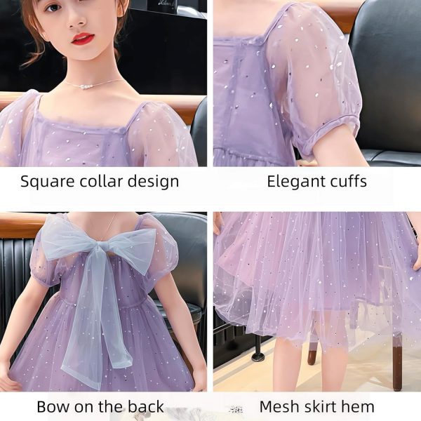 ⁦Girls' casual dress, children's purple chiffon party clothing, square collar with a bow at the back, bubble short sleeves, suitable for 5-14 years old⁩ - الصورة ⁦9⁩