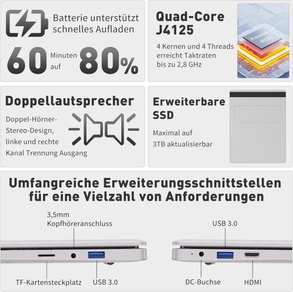 ⁦Auusda Laptop 14 Inch, Quad-Core J4125 (up to 2.8GHz) 8GB DDR4 512GB SSD, Cheap Laptop, USB 3.0, Mini HDMI, MicroSD Slot, Memory Expandable up to 3TB, Notebook for Students and Office⁩ - الصورة ⁦2⁩
