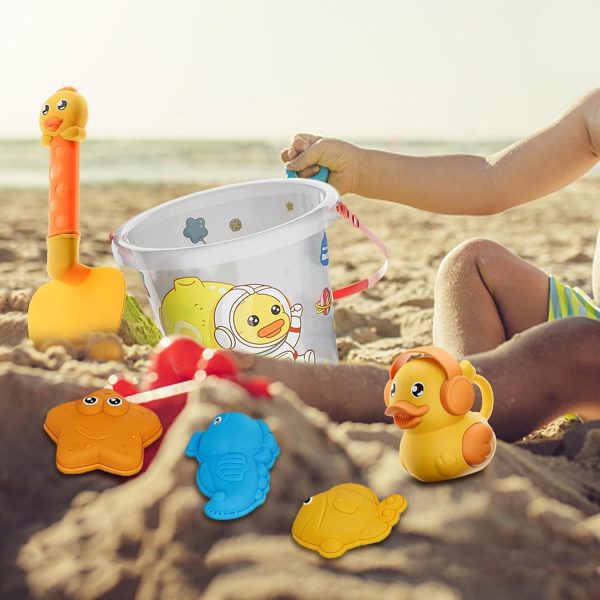 ⁦14Pcs Beach Toys Set for Kids, Play Sand Toys for Toddlers, Cute Yellow Duck Sandbox Toy Outdoor Fun Sand Tools with Bucket and Spade Watering Cans Shovels, Rakes, Molds, Summer Beach Games for Kids⁩ - الصورة ⁦3⁩