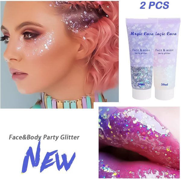 ⁦Aerbee Body Face Glitter Gel, 2 PCS Sparkling Body Glitter Gel Makeup for Face Nail Eye Lip Hair, Beautiful Shining Cosmetic Eyeshadow Glitter for Festival Party Art DIY⁩ - الصورة ⁦2⁩