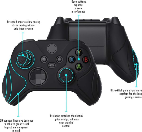 ⁦eXtremeRate PlayVital Samurai Edition Black Anti-slip Controller Grip Silicone Skin, Ergonomic Soft Rubber Protective Case Cover for Xbox Series S/X Controller with Black Thumb Stick Caps⁩ - الصورة ⁦3⁩
