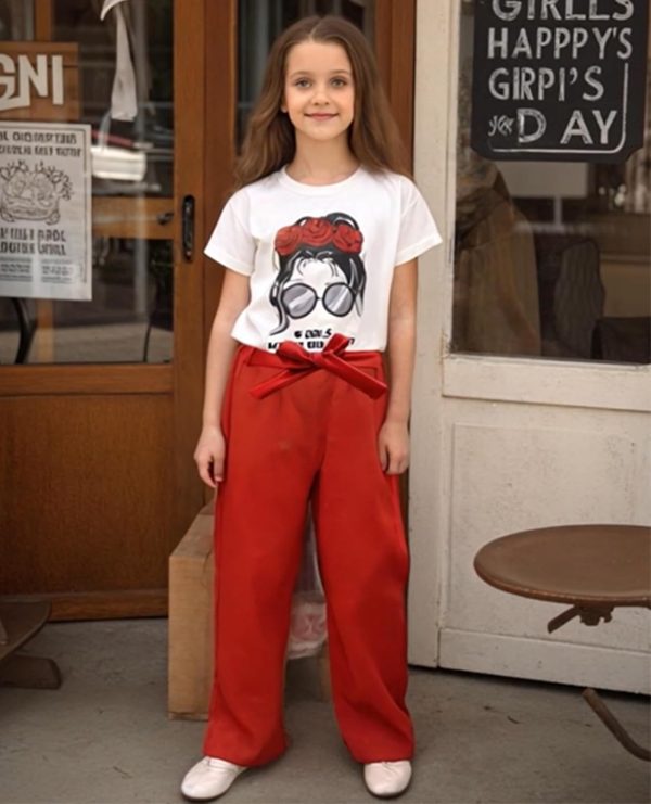 ⁦VeryNew Girls 2 Piece Outfits Kids Clothes Casual Girl Crop Tops + Solid Pants with Belt for 7-12Y⁩ - الصورة ⁦2⁩