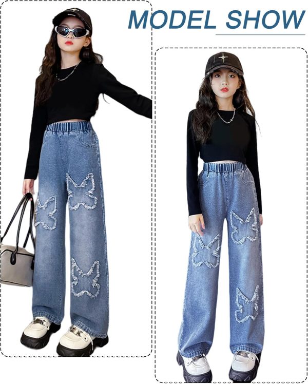 ⁦SEAUR Girls Kids Jeans Loose Wide-Leg Denim Pants Baggy Straight Elastic Waist Ripped Jeans Stretchy Vintage Casual Trousers with Pockets Age 5-14 Years⁩ - الصورة ⁦6⁩