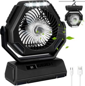 KASTWAVE Portable Fan Rechargeable, 6000mAh Battery Operated Fan with LED Lantern, 270°Head Rotation, 3 Speed USB Camping Fan with Hanging Hook for Travel Tent Fishing Car RV