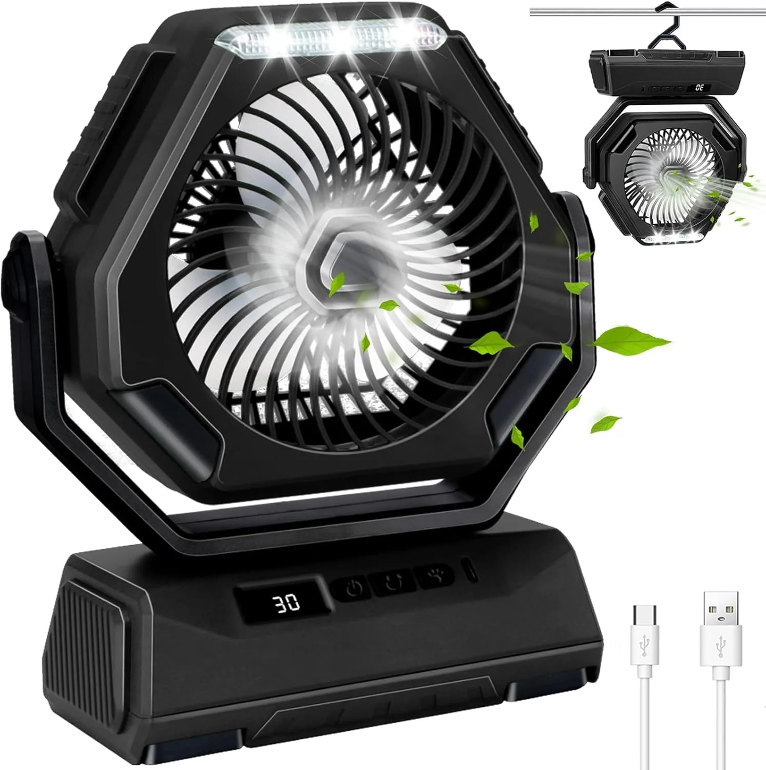 KASTWAVE Portable Fan Rechargeable, 6000mAh Battery Operated Fan with LED Lantern, 270°Head Rotation, 3 Speed USB Camping Fan with Hanging Hook for Travel Tent Fishing Car RV