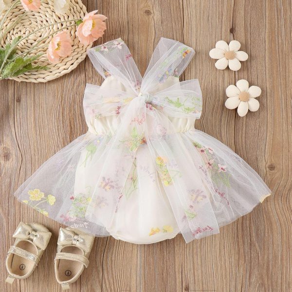 ⁦Azonee Dress Floral Lace Romper Set with Flower Headband, Embroidery Sleeveless Tulle Tutu Princess Back Bowknot Jumpsuit Toddler Kids Summer Clothes for Baby Girls 1st Birthday Party Outfit 90cm⁩ - الصورة ⁦3⁩
