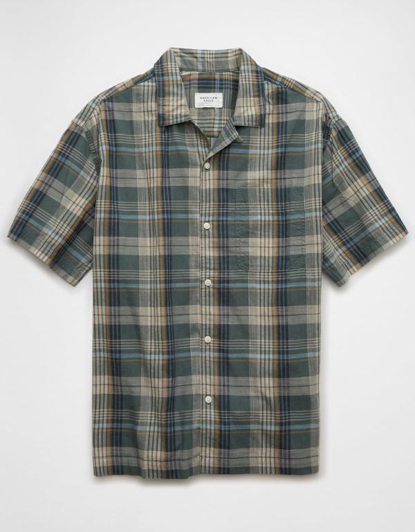⁦American Eagle Men Plaid Button-Up Poolside Shirt⁩ - الصورة ⁦4⁩